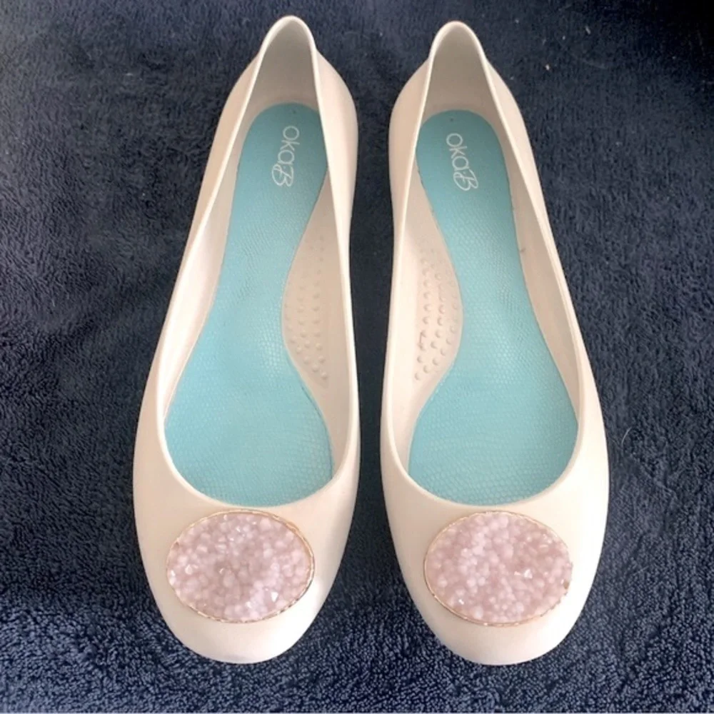 OKA B Tan Crystal Jelly Flats Size 9